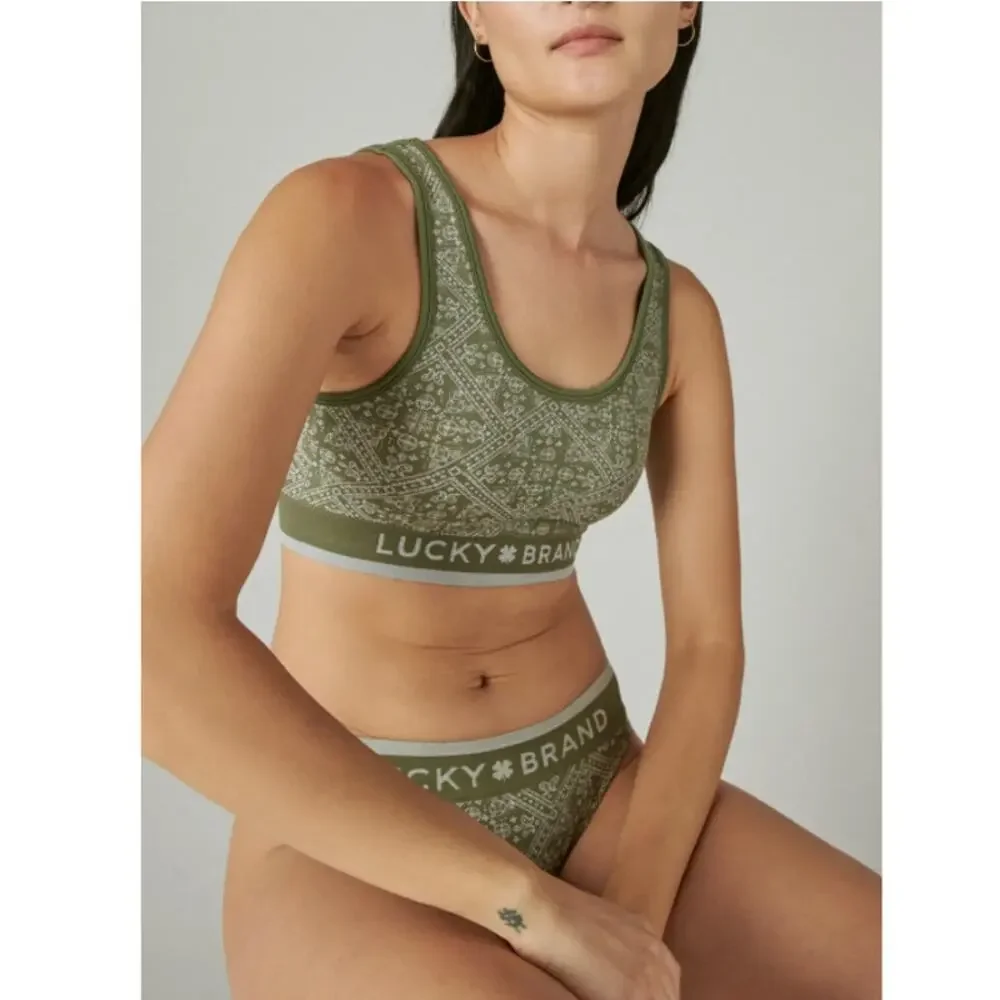Lucky Brand Women's Dark Green Bandana Jacquard Seamless Bra Size M